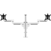 White pole with two arms which support a single monitor bracket each. 