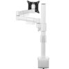 Single white pole supports an arm with two hinges, which itself holds a black bracket for a single monitor. 