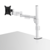 Single white pole supports an arm with two hinges, which itself holds a black bracket for a single monitor. 