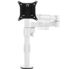 Single white pole supports an arm with two hinges, which itself holds a black bracket for a single monitor. 