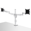A single, circular white pole supports two arms which branch outwards. Each arm holds a square black bracket. 