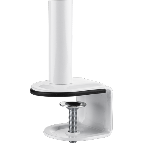Un'asta verticale in metallo bianco con una staffa per sostenere un singolo monitor. 