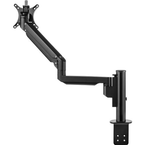 Single black pole with two hinges and a mount to attach a single monitor. 