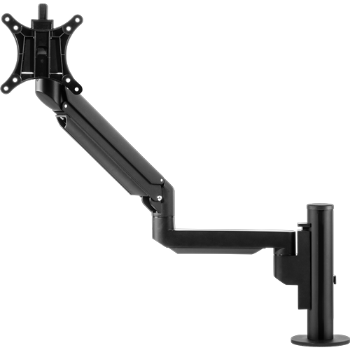 Single black pole with two hinges and a mount to attach a single monitor. 