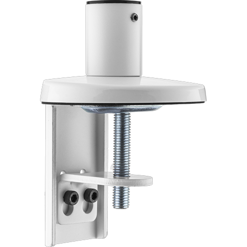 White circular feed through sits on top of a clamp with a metal screw and washer. 