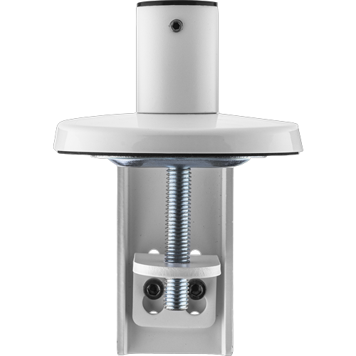 White circular feed through sits on top of a clamp with a metal screw and washer. 