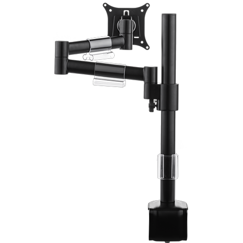 Single black pole supports an arm with two hinges, which itself holds a black bracket for a single monitor. 