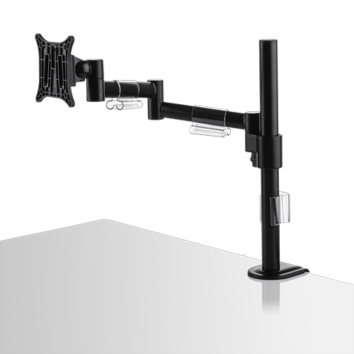 Single black pole supports an arm with two hinges, which itself holds a black bracket for a single monitor. 