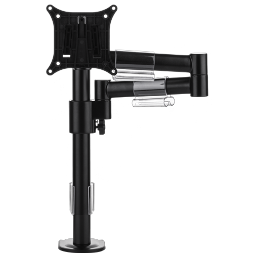 Single black pole supports an arm with two hinges, which itself holds a black bracket for a single monitor. 