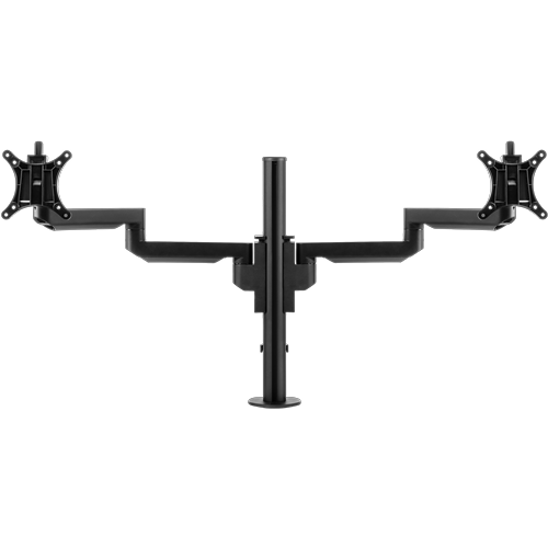 Black pole with two arms which support a single monitor bracket each. 