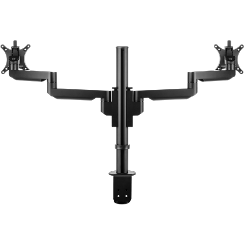 Black pole with two arms which support a single monitor bracket each. Viewed from the back