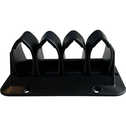 Four arch-shaped holes, fixed on a black plastic frame, with blue and white cables running through them and screw holes around the edges.  