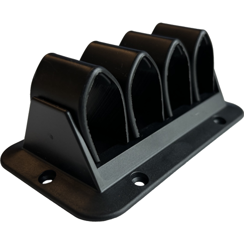 Four arch-shaped holes, fixed on a black plastic frame, with blue and white cables running through them and screw holes around the edges.  