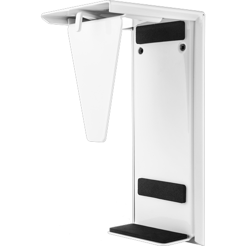 White bracket with fixing bracket that fixes CPU into place. Screw holes on side to fix unit under desk. 