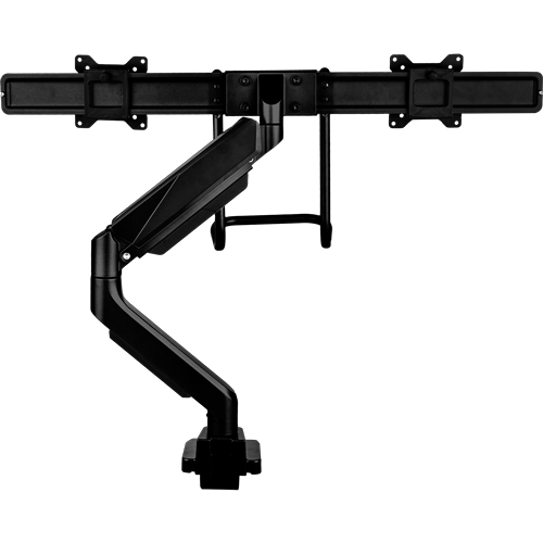 Single black monitor arm bent at 45º, with a crossbar for two monitors. 