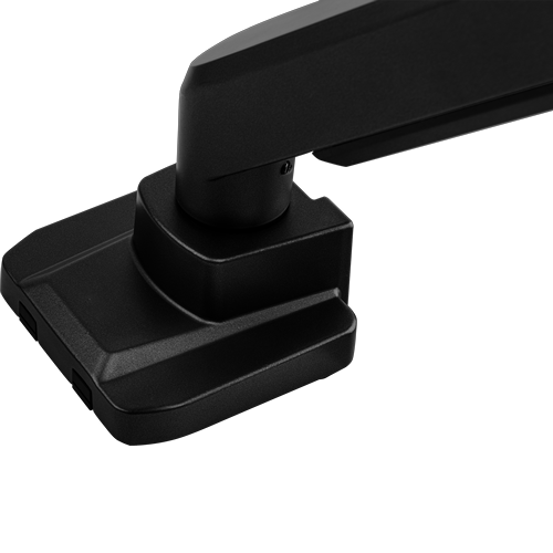 Single black monitor arm bent at 45º, with a crossbar for two monitors. 
