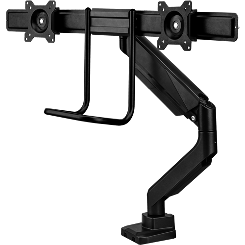 Single black monitor arm bent at 45º, with a crossbar for two monitors. 