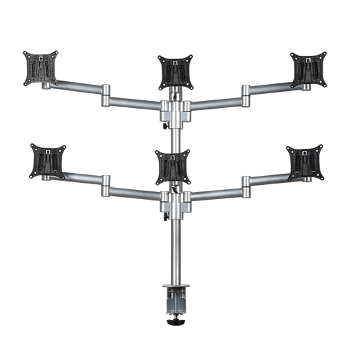 Single silver central pole with two bracket on top supports two angled poles, each with its own bracket. 