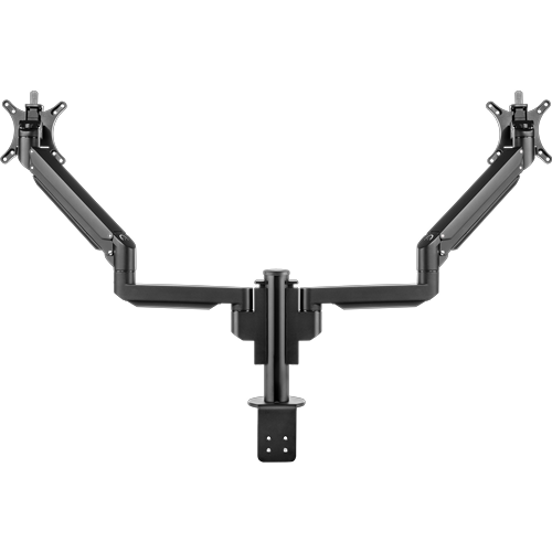 Short central pole which supports two arms, each holding a bracket for a monitor. 