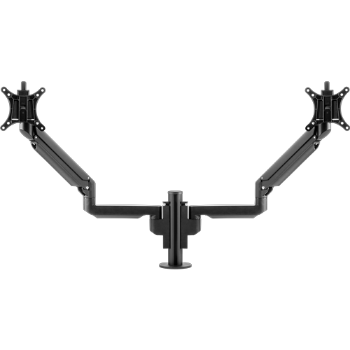Short central pole which supports two arms, each holding a bracket for a monitor. 