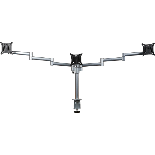 Silver triple monitor arm with black VESA brackets and a clamp