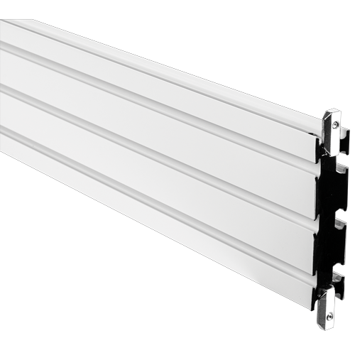 Toolbar  lunga rettangolare in metallo bianco con tre scanalature per collegare connettori, bracci monitor e schermi. La toolbar  è montata tra due aste Galaxy.