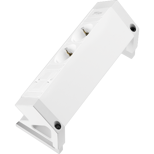 Lange rechteckige weiße Elektrifizierungseinheit mit zwei 230V-Anschlüssen und einem Keystone-Slot. Die Einheit steht im 45°-Winkel und wird mit einer Klemme an einem Tisch befestigt.