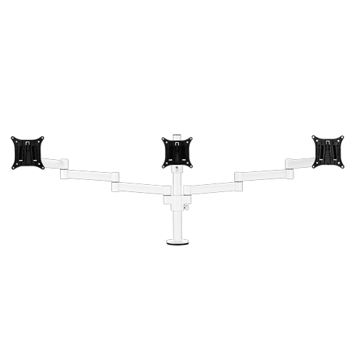 White monitor arm with three black VESA brackets