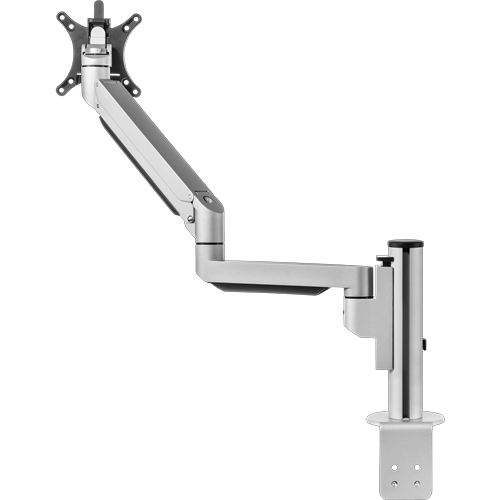 Single silver pole with two hinges and a mount to attach a single monitor. 