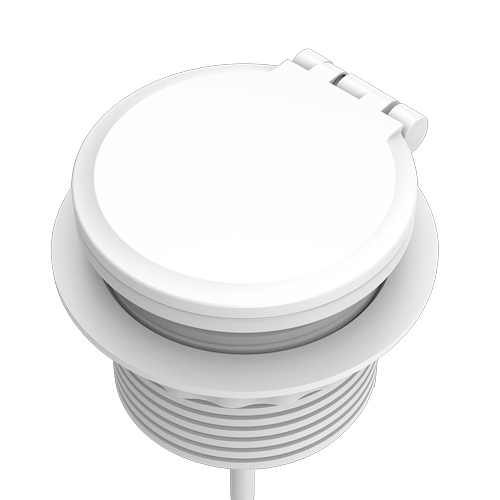 Prise d'alimentation circulaire avec une prise 230V, un port de charge USB-C et un port de charge USB-A, avec un couvercle incluant la charge sans fil.  