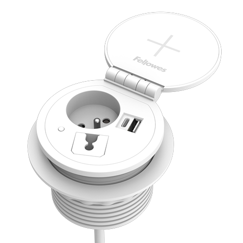 Prise d'alimentation circulaire avec une prise 230V, un port de charge USB-C et un port de charge USB-A, avec un couvercle incluant la charge sans fil.  