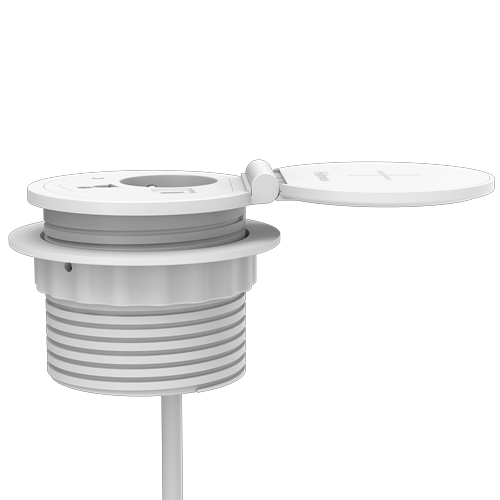 Prise d'alimentation circulaire avec une prise 230V, un port de charge USB-C et un port de charge USB-A, avec un couvercle incluant la charge sans fil.  