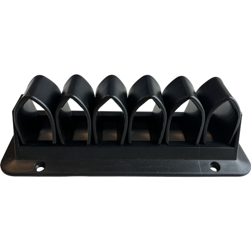 Six arch-shaped holes, fixed on a black plastic frame, with blue and white cables running through them and screw holes around the edges.  