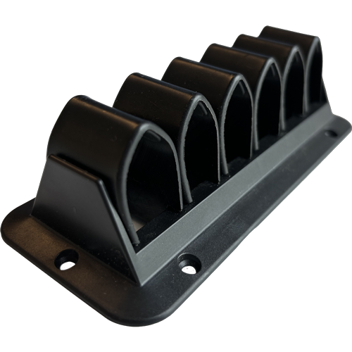 Six arch-shaped holes, fixed on a black plastic frame, with blue and white cables running through them and screw holes around the edges.  