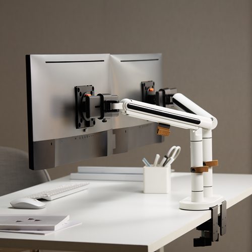 White table mount supports two vertical poles, which hinge halfway up and support two separate brackets. 