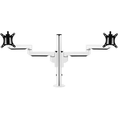 White pole with two arms which support a single monitor bracket each. 