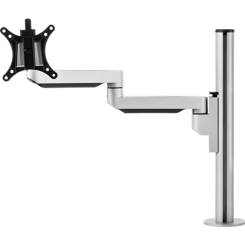 Circular silver pole with one black bracket for a single monitor.  