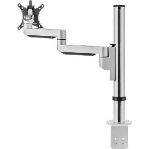 Circular silver pole with one black bracket for a single monitor.  