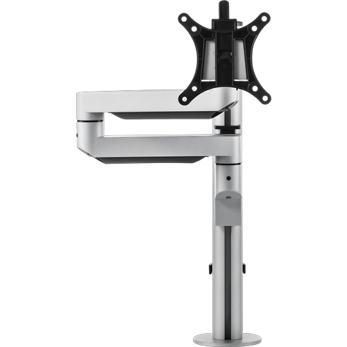 Circular silver pole with one black bracket for a single monitor.  