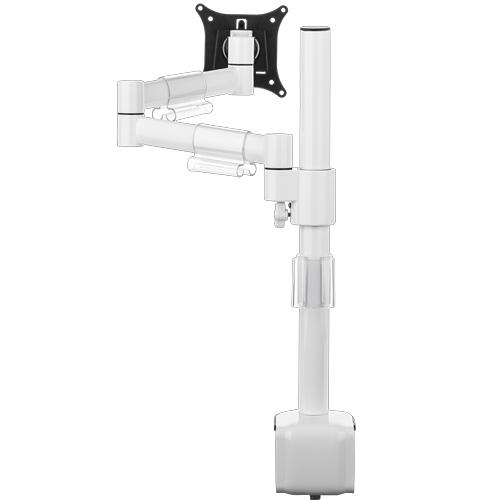 Single white pole supports an arm with two hinges, which itself holds a black bracket for a single monitor. 