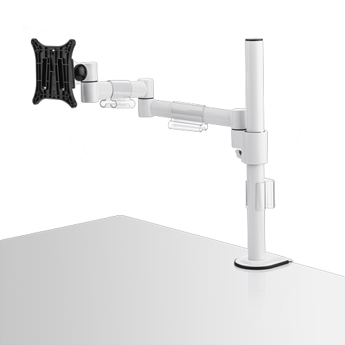 Single white pole supports an arm with two hinges, which itself holds a black bracket for a single monitor. 