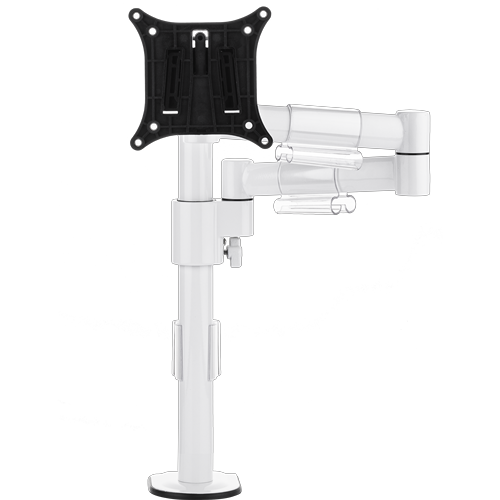 Single white pole supports an arm with two hinges, which itself holds a black bracket for a single monitor. 