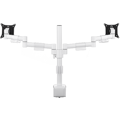 A single, circular white pole supports two arms which branch outwards. Each arm holds a square black bracket. 