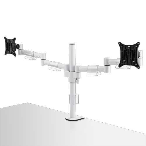 A single, circular white pole supports two arms which branch outwards. Each arm holds a square black bracket. 