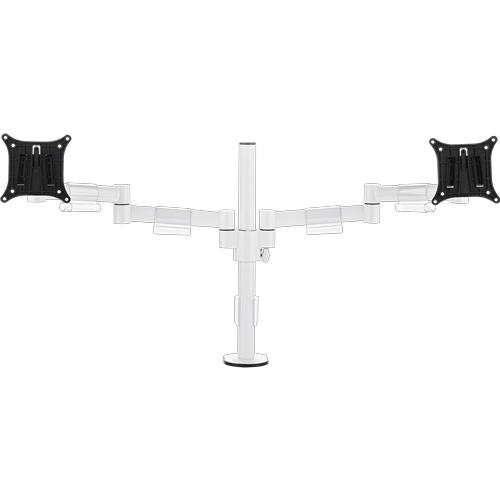 A single, circular white pole supports two arms which branch outwards. Each arm holds a square black bracket. 