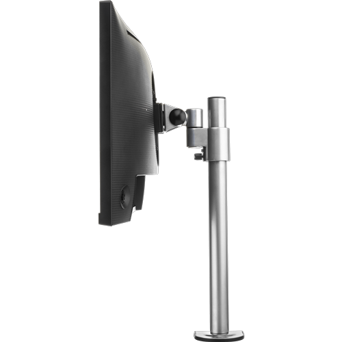 A vertical silver metal pole with one bracket to support a single monitor. 