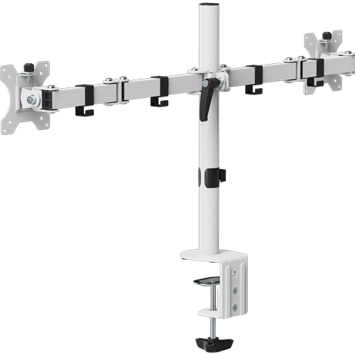 White metal pole with two adjustable brackets forming a T-frame that supports two monitors. 