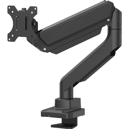 Single black monitor arm bent at 45º, with a bracket for a single monitor.  