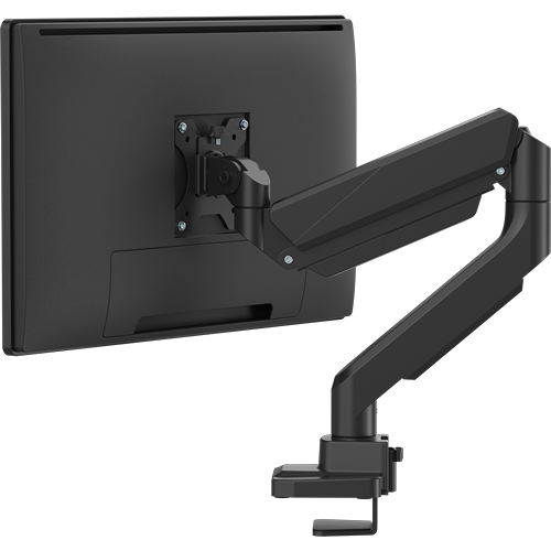 Single black monitor arm bent at 45º, with a bracket for a single monitor.  