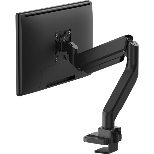 Single black monitor arm bent at 45º, with a bracket for a single monitor.  